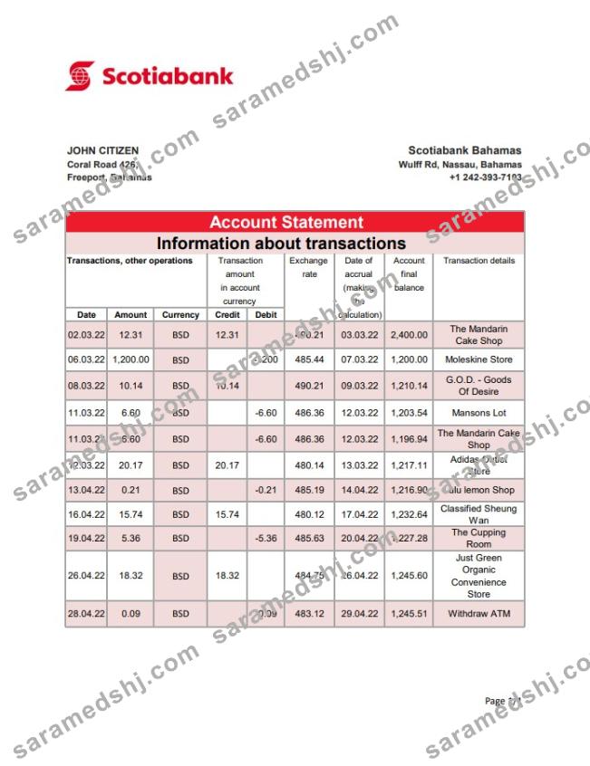 Bahamas Scotiabank bank statement xls